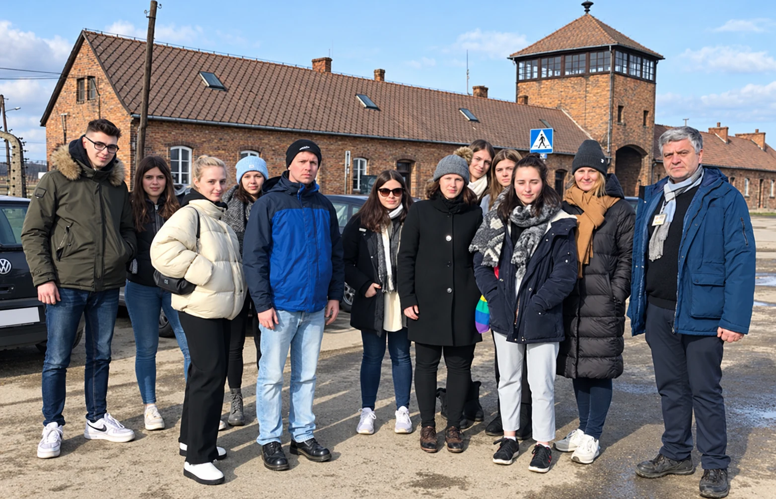 Teilnehmende des gemeinsamen Erinnerungsprojekts vor der Gedenkstätte Auschwitz.